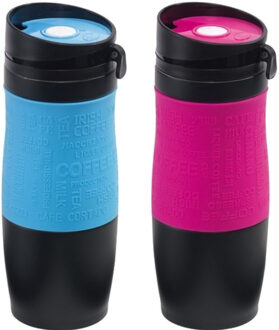 Set van 2x Thermosbekers - warmhoud bekers - blauw en roze - 380 ml - Isolerende drinkbekers