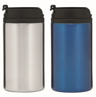 Set van 2x Thermosbekers - warmhoud bekers - zilver en blauw - 290 ml - Isolerende drinkbekers