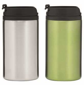 Set van 2x Thermosbekers - warmhoud bekers - zilver en groen - 290 ml - Isolerende drinkbekers