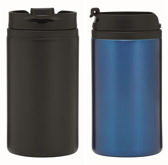 Set van 2x Thermosbekers - warmhoud bekers - zwart en blauw - 290 ml - Isolerende drinkbekers