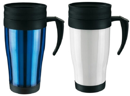 Set van 2x Thermosbekers/warmhoudbekers blauw en wit 400 ml - Thermosbeker