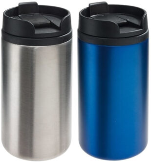 Set van 2x Thermosbekers/warmhoudbekers zilver en blauw 290 ml - Thermosbeker Zilverkleurig