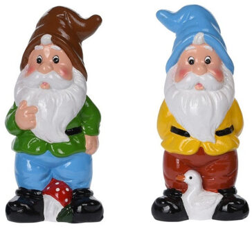 Set Van 2x Tuinkabouters Van 20 Cm - Bruine En Blauwe Muts - Tuinbeelden Multikleur