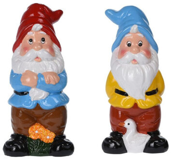 Set Van 2x Tuinkabouters Van 20 Cm - Rode En Blauwe Muts - Tuinbeelden Multikleur