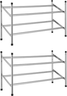 Set van 2x Uitschuifbare stapelbare aluminium schoenenrekken 2-laags - 62 tot 117 x 23 x 36 cm - Schoenen opbergers/opbergen - Schoenenkasten/schoenenrekken - Camping/gang kasten/rekken