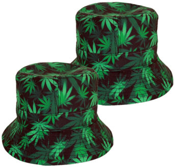 Set van 2x wietblaadjes thema vissershoedje/zonnehoedje zwart/groen voor volwassenen