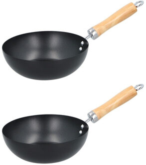 Set van 2x Wok pan houten handvat 20 cm - Met anti-aanbaklaag - Steelwok - Geschikt voor keramisch, halogeen, gas en elektrisch - Koken/Bakken