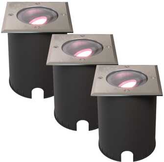 Set van 3 Cody - Smart LED Grondspot - IP67 waterdicht - 5,5 Watt 345 Lumen - Kantelbaar - Overrijdbaar - Vierkant - Wifi + Bluetooth - RGBWW - GU10 - Google Home, Amazon Alexa en Siri - RVS