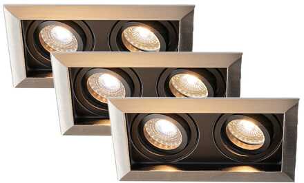 Set van 3 Durham - LED Inbouwspot - 8 watt 690 lumen - 2700K Warm wit - Dubbel - GU10 - Kantelbaar - Verzonken - IP20 voor binnen - Rechthoek - RVS