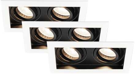 Set van 3 Durham - LED Inbouwspot - 8 Watt 690 Lumen - 4000K Neutraal wit - Dubbel - GU10 - Kantelbaar - IP20 voor binnen - Rechthoek - Wit/Zwart