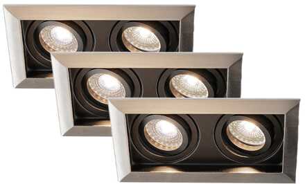 Set van 3 Durham - LED Inbouwspot - 8 Watt 690 Lumen - 4000K Neutraal wit - Dubbel - GU10 - Kantelbaar - Verzonken - IP20 voor binnen - Rechthoek - RVS
