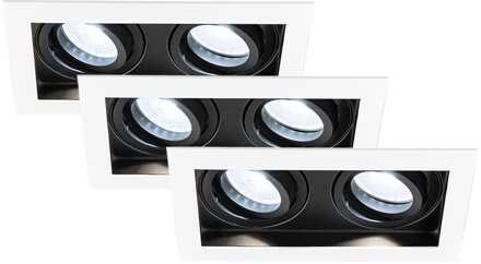 Set van 3 Durham - LED Inbouwspot - 8 Watt 690 Lumen - 6500K Daglicht wit - Dubbel - GU10 - Kantelbaar - IP20 voor binnen - Rechthoek - Wit/Zwart