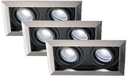Set van 3 Durham - LED Inbouwspot - 8 Watt 690 Lumen - 6500K Daglicht wit - Dubbel - GU10 - Kantelbaar - Verzonken - IP20 voor binnen - Rechthoek - RVS