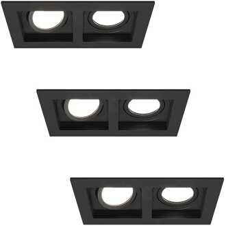 Set van 3 Fresno Dubbele Inbouwspot - Rechthoek - 2x GU10 - 6500K Daglicht wit - 8 Watt 690 Lumen - Kantelbaar - IP20 stofdicht - Zwart