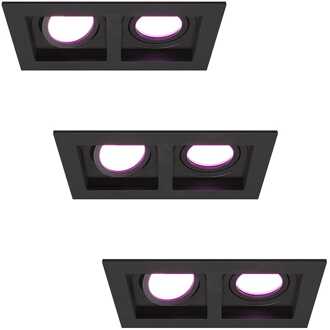 Set van 3 Fresno Dubbele Inbouwspot - Rechthoek - 2x GU10 - RGBWW 16,5 miljoen kleuren - 11 Watt 690 lumen - Kantelbaar - IP20 stofdicht - Zwart