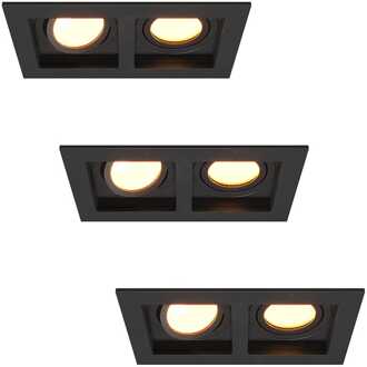 Set van 3 Fresno Dubbele Inbouwspots - Rechthoek - 2x GU10 - 2700K Warm wit - 8 watt 690 lumen - Kantelbaar - IP20 stofdicht - Zwart