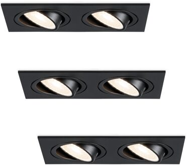 Set van 3 Mallorca dubbele LED inbouwspots vierkant - Kantelbaar - 4000K Neutraal wit - GU10 - 5 Watt - Rechthoekig - GU10 verwisselbare lichtbron - Plafondspot voor binnen - Zwart