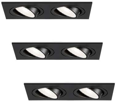 Set van 3 Mallorca dubbele LED inbouwspots vierkant - Kantelbaar - 6000K Daglicht wit - GU10 - 5 Watt - Rechthoekig - GU10 verwisselbare lichtbron - Plafondspot voor binnen - Zwart