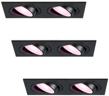 Set van 3 Mallorca LED inbouwspot - IP20 - Kantelbaar - 11 Watt 690 Lumen - Wifi + Bluetooth - RGBWW - Dubbel - GU10 - Google Home, Amazon Alexa en Siri - Rechthoek - Voor binnen - Zwart