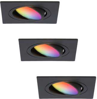Set van 3 Mallorca - LED inbouwspot - IP20 - Kantelbaar - 5,5 Watt 345 Lumen - Wifi + Bluetooth - RGBWW - GU10 - Google Home, Amazon Alexa en Siri - Vierkant - Voor binnen - Zwart