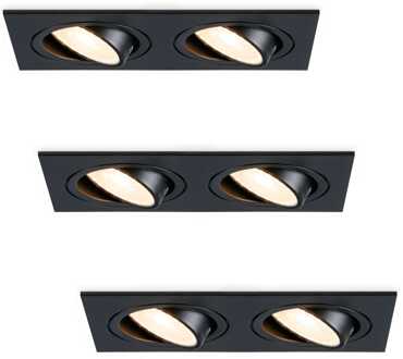 Set van 3 Mallorca LED inbouwspot - IP20 - Kantelbaar - 8 watt 690 lumen - 2700K Warm wit - Dubbel - GU10 - Dimbaar - Rechthoek - Voor binnen - Zwart