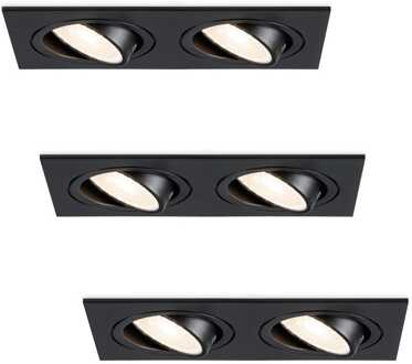 Set van 3 Mallorca LED inbouwspot - IP20 - Kantelbaar - 8 Watt 690 Lumen - 4000K Neutraal wit - Dubbel - GU10 - Dimbaar - Rechthoek - Voor binnen - Zwart