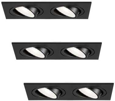 Set van 3 Mallorca LED inbouwspot - IP20 - Kantelbaar - 8 Watt 690 Lumen - 6500K Daglicht wit - Dubbel - GU10 - Dimbaar - Rechthoek - Voor binnen - Zwart