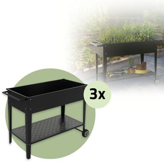 Set van 3 Metalen Verhoogde Bedden Mobiel, 98x50x79,5 cm, Zwart, Verrijdbare Plantenbak met Plank, Wielen en