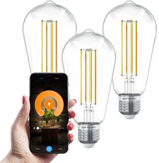 Set van 3 Smart E27 LED Filament Lamp - 7 Watt 806 lumen - ST64 Helder - 1800-3000K - Dimbaar - Edison lamp Transparant