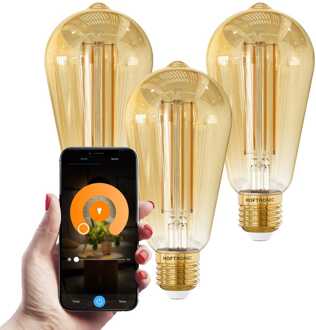 Set van 3 Smart E27 LED Filament Lampen - 7 Watt 806 lumen - ST64 Amberkleurig glas - 1800-3000K Dimbaar - Edison lamp