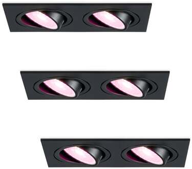 Set van 3 Smart Mallorca dubbele LED inbouwspots vierkant - Kantelbaar - RGBWW - GU10 - 5.5 Watt - Rechthoekig - GU10 verwisselbare lichtbron - Plafondspot voor binnen - Zwart