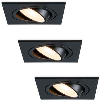Set van 3 stuks dimbare LED inbouwspot Mallorca zwart vierkant - Kantelbaar - 5 Watt - IP20 - 2700K Warm wit - GU10 armatuur - spotjes plafond
