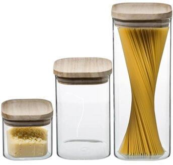 Set van 3 voorraadbussen/voorraadpotten 0,5L - 1L - 1,8L glas met houten deksel - Voorraadpot Transparant