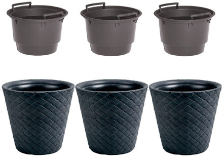 Set van 3x kunststof Matuba rotan bloempotten/plantenpotten antraciet 12 liter met binnenpot 8 liter