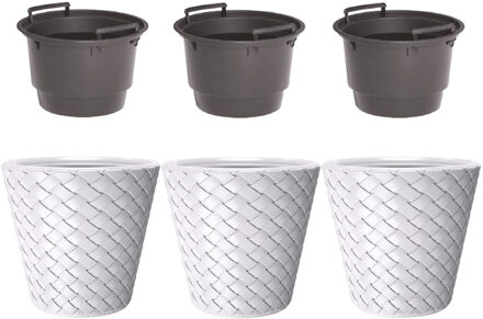 Set van 3x kunststof Matuba rotan bloempotten/plantenpotten wit 19 liter met binnenpot 11 liter