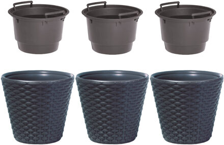 Set van 3x kunststof Rato rotan bloempotten/plantenpotten antraciet 19 liter met binnenpot 11 liter