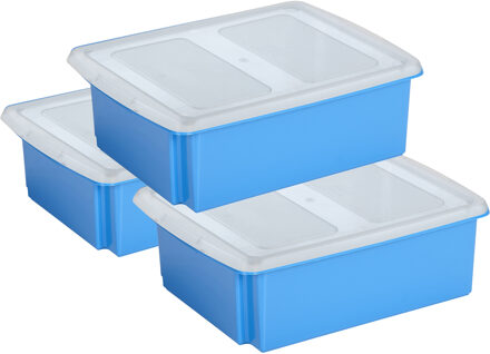 set van 3x opslagboxen kunststof 17 liter blauw 45 x 36 x 14 cm met deksel - Opbergbox