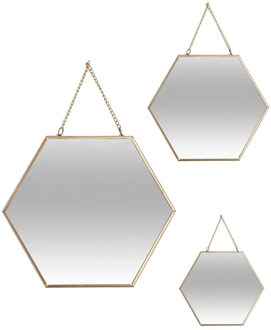 Set van 3x spiegels/wandspiegels hexagon metaal goud met ketting - Spiegels Goudkleurig