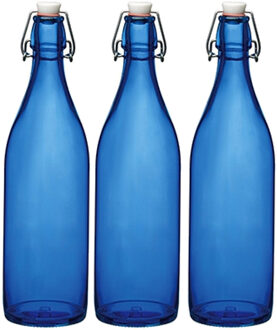 Set van 3x stuks blauwe giara flessen met beugeldop - Woondecoratie giara fles - Blauwe weckflessen