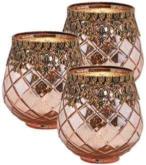 Set van 3x stuks glazen design windlicht/kaarsenhouder rose goud 13 x 14 x 13 cm - Waxinelichtjeshouders Roze