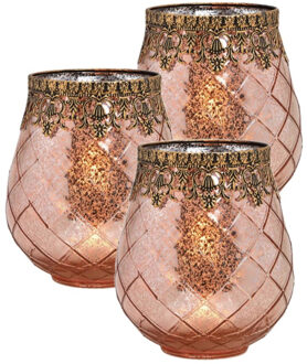 Set Van 3x Stuks Glazen Design Windlicht/kaarsenhouder Rose Goud 16 X 18 X 16 Cm - Waxinelichtjeshouders Roze