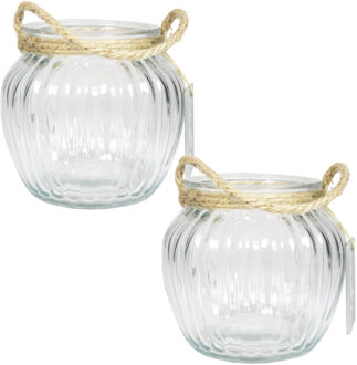 Set van 3x stuks glazen ronde vaas/vazen Ribbel 2 liter met touw hengsel/handvat 15 x 14,5 cm - 2000 ml - Bloemenvazen van glas