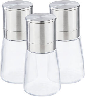 Set Van 3x Stuks Kruidenmolen/pepermolen/zoutmolen Rvs/glas Transparant/zilver 13 Cm - Peper En Zoutstel