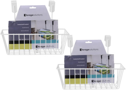 Set van 3x stuks mandje met deurhaken wit metaal 28 x 9,5 cm