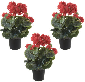 Set van 3x stuks rode geranium kunstplanten in zwarte kunststof pot 35 cm - Pelargonium Graveolens - Woondecoratie