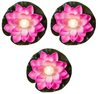 Set van 3x stuks roze waterlelies met LED-licht 13 cm - Kunstbloemen en vijver planten