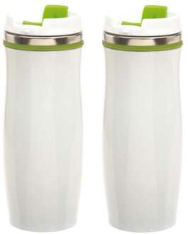 Set van 3x stuks rVS Warmhoudbeker/isoleerbeker winter wit met groen 400 ml