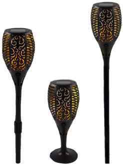 Set van 3x stuks solar tuinlamp / fakkel - vlameffect - op zonne-energie - zwart - 78 cm - tuinfakke
