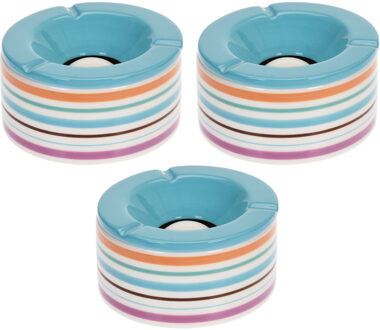Set van 3x stuks terras asbakken/stormasbakken rond keramiek 14 x 7,5 cm blauw met streep