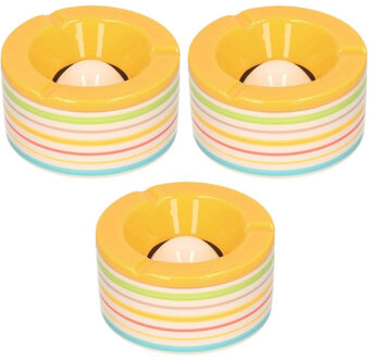 Set van 3x stuks terras asbakken/stormasbakken rond keramiek 14 x 7,5 cm geel met streep